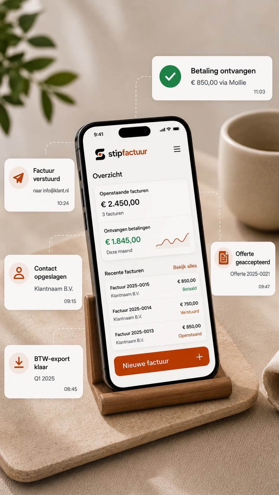 Stipfactuur dashboard met overzicht van offertes en facturen
