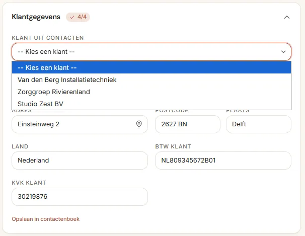 Klantdropdown met contactenlijst