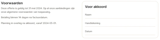 Voorwaarden-blok in offerte met handtekening